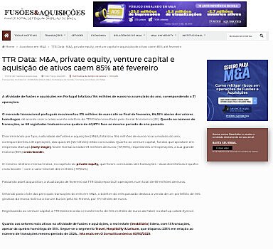 TTR Data: M&A, private equity, venture capital e aquisio de ativos caem 85% at fevereiro